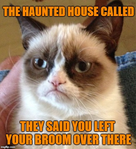 Witchy Woman | THE HAUNTED HOUSE CALLED; THEY SAID YOU LEFT YOUR BROOM OVER THERE | image tagged in funny memes,grumpy,grumpy cat,witch,haunted house | made w/ Imgflip meme maker