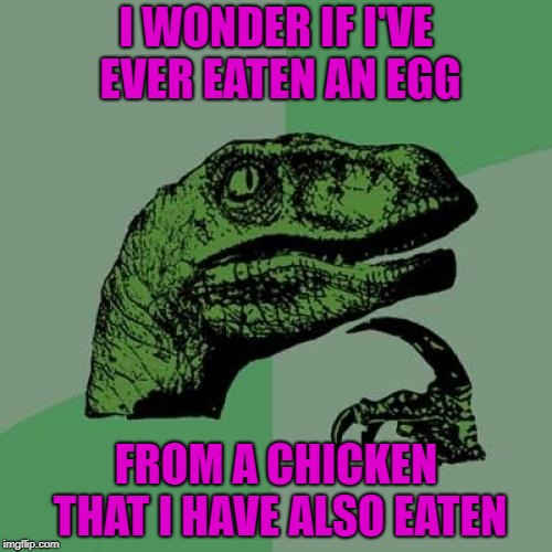And which did I eat first...the chicken or the egg? | I WONDER IF I'VE EVER EATEN AN EGG; FROM A CHICKEN THAT I HAVE ALSO EATEN | image tagged in memes,philosoraptor,chicken,funny,egg,animals | made w/ Imgflip meme maker