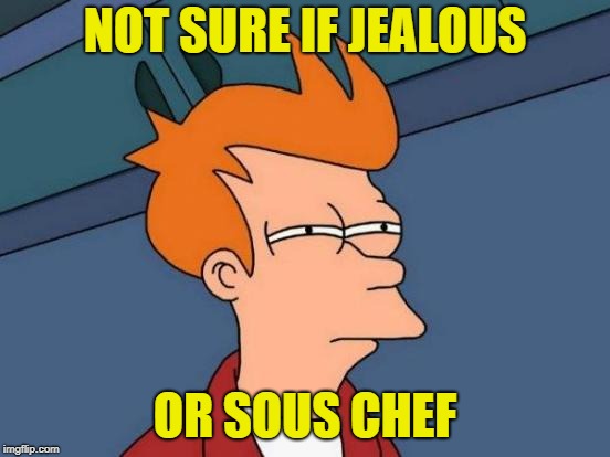 Futurama Fry Meme | NOT SURE IF JEALOUS OR SOUS CHEF | image tagged in memes,futurama fry | made w/ Imgflip meme maker
