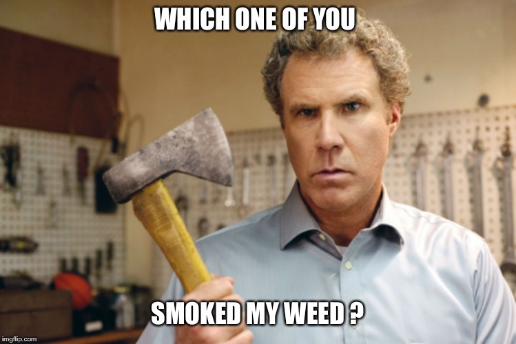 WHICH ONE OF YOU; SMOKED MY WEED ? | image tagged in will ferrell,ax,weed,pot,marijuana,smoke | made w/ Imgflip meme maker