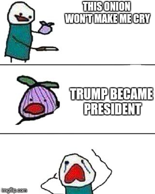 2016 election be like | THIS ONION WON'T MAKE ME CRY; TRUMP BECAME PRESIDENT | image tagged in trump,election 2016,hillary,crying | made w/ Imgflip meme maker