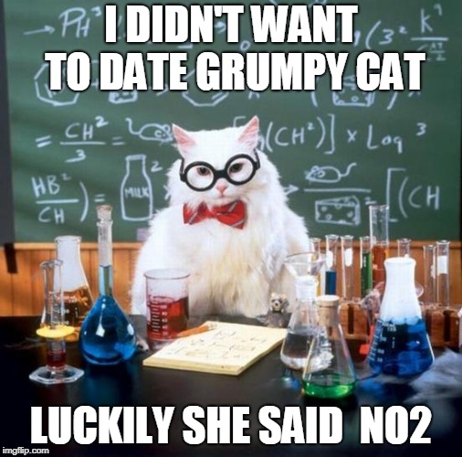 Chemistry Cat | I DIDN'T WANT TO DATE GRUMPY CAT; LUCKILY SHE SAID  NO2 | image tagged in memes,chemistry cat | made w/ Imgflip meme maker