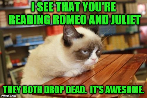 Book Review (A socrates and Craziness_all_the_way event. Oct 5th-8th) | I SEE THAT YOU'RE READING ROMEO AND JULIET; THEY BOTH DROP DEAD.  IT'S AWESOME. | image tagged in memes,grumpy cat table,grumpy cat,grumpy cat weekend,romeo and juliet | made w/ Imgflip meme maker