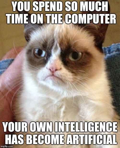 As I said to my CS majoring brother | YOU SPEND SO MUCH TIME ON THE COMPUTER; YOUR OWN INTELLIGENCE HAS BECOME ARTIFICIAL | image tagged in memes,grumpy cat,computer nerd,computer science,grumpy cat weekend | made w/ Imgflip meme maker