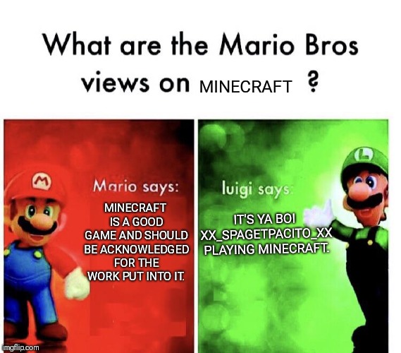 xX_SPAGETPACITO_Xx | MINECRAFT; MINECRAFT IS A GOOD GAME AND SHOULD BE ACKNOWLEDGED FOR THE WORK PUT INTO IT. IT'S YA BOI XX_SPAGETPACITO_XX PLAYING MINECRAFT. | image tagged in mario bros views,minecraft,super mario,memes,luigi,funny | made w/ Imgflip meme maker