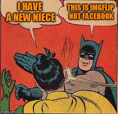 Batman Slapping Robin | I HAVE A NEW NIECE; THIS IS IMGFLIP NOT FACEBOOK | image tagged in memes,batman slapping robin | made w/ Imgflip meme maker