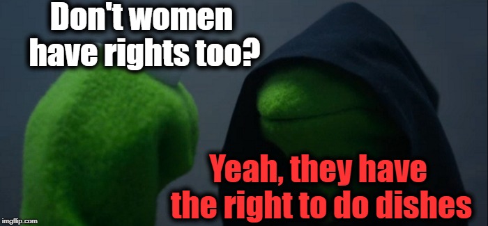 Uh Oh | Don't women have rights too? Yeah, they have the right to do dishes | image tagged in memes,evil kermit | made w/ Imgflip meme maker