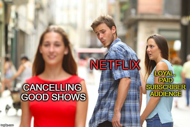 Netflix got NO chill | NETFLIX; LOYAL, PAID SUBSCRIBER AUDIENCE; CANCELLING GOOD SHOWS | image tagged in distracted boyfriend,luke cage,iron fist,orange is the new black,scumbag netflix,netflix | made w/ Imgflip meme maker