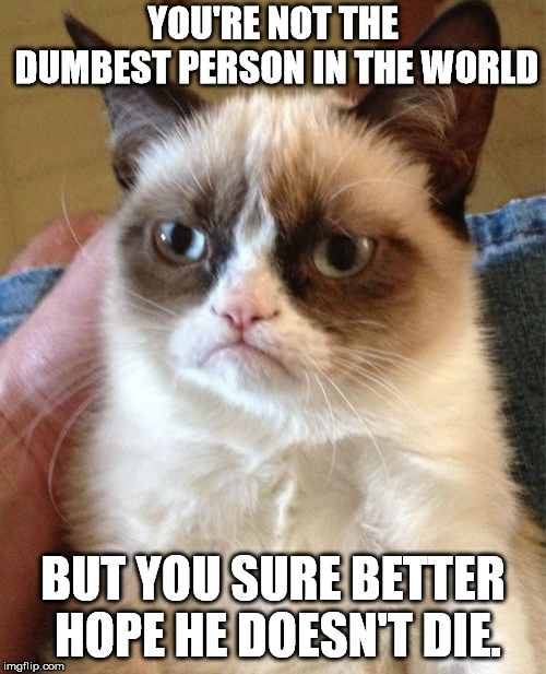 Grumpy Cat | YOU'RE NOT THE DUMBEST PERSON IN THE WORLD; BUT YOU SURE BETTER HOPE HE DOESN'T DIE. | image tagged in memes,grumpy cat | made w/ Imgflip meme maker