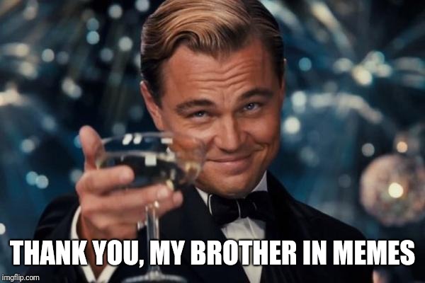 Leonardo Dicaprio Cheers Meme | THANK YOU, MY BROTHER IN MEMES | image tagged in memes,leonardo dicaprio cheers | made w/ Imgflip meme maker