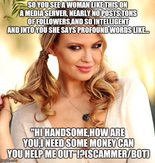 Pretty scammers | SO YOU SEE A WOMAN LIKE THIS ON A MEDIA SERVER, NEARLY NO POSTS,TONS OF FOLLOWERS,AND SO INTELLIGENT AND INTO YOU SHE SAYS PROFOUND WORDS LIKE... "HI HANDSOME,HOW ARE YOU,I NEED SOME MONEY CAN YOU HELP ME OUT"!?(SCAMMER/BOT) | image tagged in scammer,memes | made w/ Imgflip meme maker