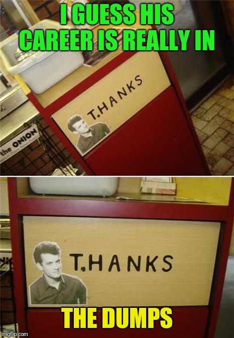 This pun better not go to waste... | I GUESS HIS CAREER IS REALLY IN; THE DUMPS | image tagged in funny memes,funny,funny meme,tom hanks,trash,original meme | made w/ Imgflip meme maker