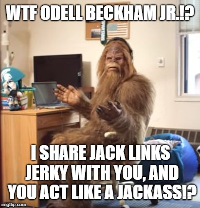 WTF Odell Beckham Jr.!? | WTF ODELL BECKHAM JR.!? I SHARE JACK LINKS JERKY WITH YOU, AND YOU ACT LIKE A JACKASS!? | image tagged in wtf sasquatch,memes,odell beckham jr,nfl football,jack links,field | made w/ Imgflip meme maker