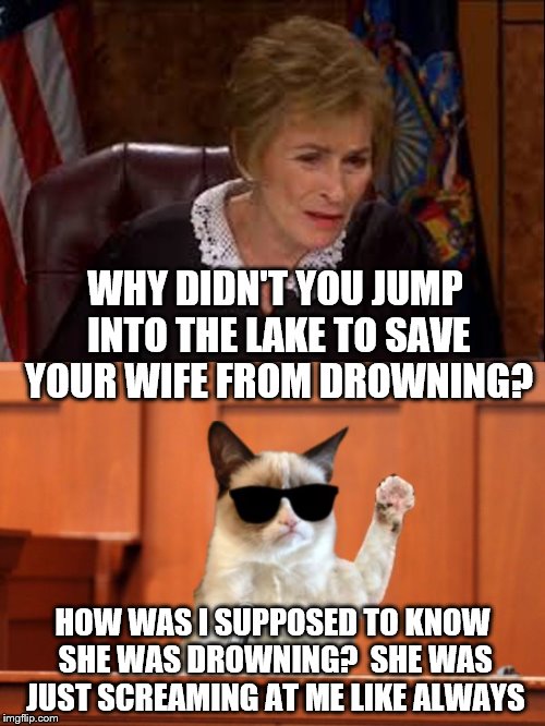 Ladies, make sure your husband knows the difference. | WHY DIDN'T YOU JUMP INTO THE LAKE TO SAVE YOUR WIFE FROM DROWNING? HOW WAS I SUPPOSED TO KNOW SHE WAS DROWNING?  SHE WAS JUST SCREAMING AT ME LIKE ALWAYS | image tagged in judge judy and the cat,joke,funny,husband,wife | made w/ Imgflip meme maker