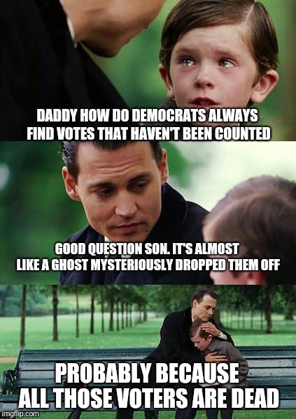 Finding Neverland | DADDY HOW DO DEMOCRATS ALWAYS FIND VOTES THAT HAVEN'T BEEN COUNTED; GOOD QUESTION SON. IT'S ALMOST LIKE A GHOST MYSTERIOUSLY DROPPED THEM OFF; PROBABLY BECAUSE ALL THOSE VOTERS ARE DEAD | image tagged in memes,finding neverland | made w/ Imgflip meme maker