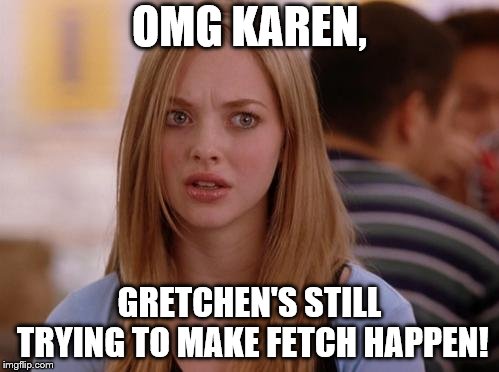 OMG Karen | OMG KAREN, GRETCHEN'S STILL TRYING TO MAKE FETCH HAPPEN! | image tagged in memes,omg karen | made w/ Imgflip meme maker