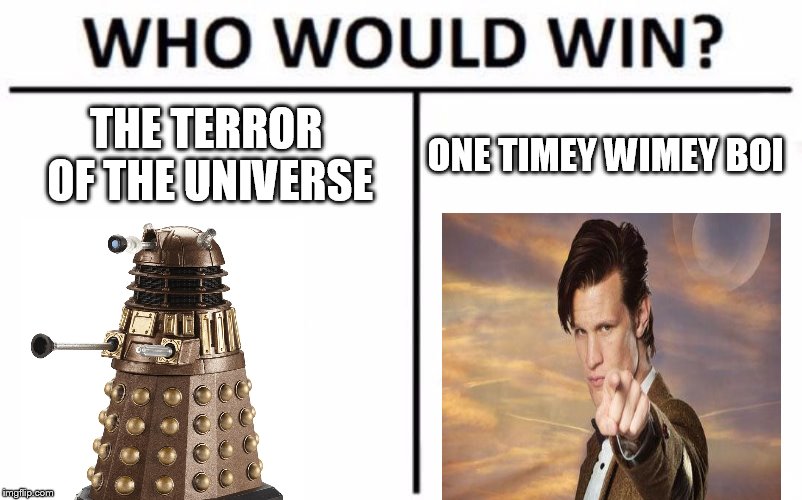 will they ever learn? | THE TERROR OF THE UNIVERSE; ONE TIMEY WIMEY BOI | image tagged in memes,who would win,dalek,doctor who | made w/ Imgflip meme maker