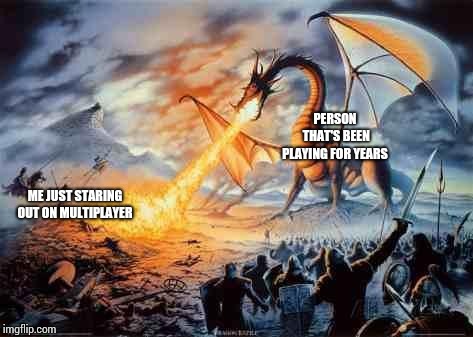 Dragon | PERSON THAT'S BEEN PLAYING FOR YEARS; ME JUST STARING OUT ON MULTIPLAYER | image tagged in dragon | made w/ Imgflip meme maker