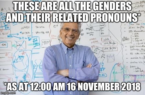 Finally figured out the gender pronouns! | THESE ARE ALL THE GENDERS AND THEIR RELATED PRONOUNS*; *AS AT 12:00 AM 16 NOVEMBER 2018 | image tagged in memes,engineering professor,gender pronouns,liberalism | made w/ Imgflip meme maker