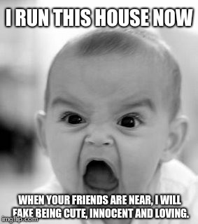We all answer to someone | I RUN THIS HOUSE NOW; WHEN YOUR FRIENDS ARE NEAR, I WILL FAKE BEING CUTE, INNOCENT AND LOVING. | image tagged in memes,angry baby,baby tyrant,master of the house,moms understand | made w/ Imgflip meme maker