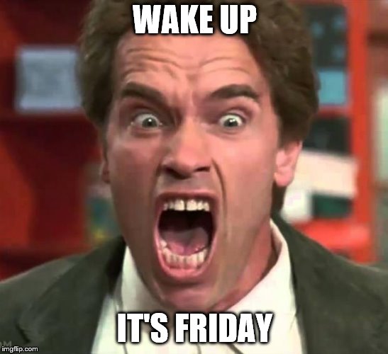 wake up it's friday | WAKE UP; IT'S FRIDAY | image tagged in arnold yelling,wake up,friday | made w/ Imgflip meme maker