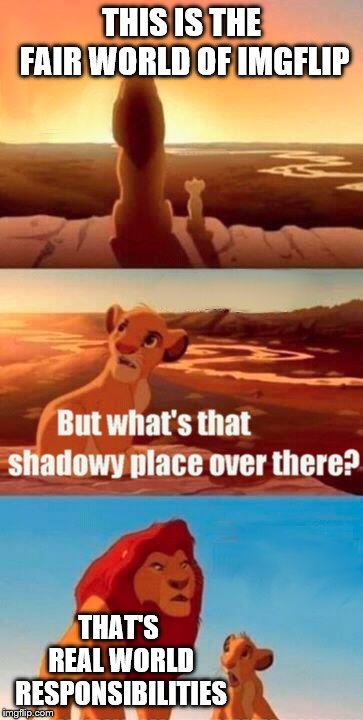 Imgflip is my Escape! | THIS IS THE FAIR WORLD OF IMGFLIP; THAT'S REAL WORLD RESPONSIBILITIES | image tagged in memes,simba shadowy place,imgflip,imgflip humor | made w/ Imgflip meme maker