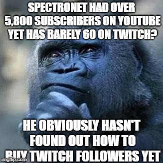 Thinking ape | SPECTRONET HAD OVER 5,800 SUBSCRIBERS ON YOUTUBE YET HAS BARELY 60 ON TWITCH? HE OBVIOUSLY HASN'T FOUND OUT HOW TO BUY TWITCH FOLLOWERS YET | image tagged in thinking ape | made w/ Imgflip meme maker