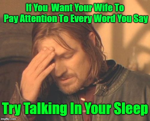 Imagine all the "Secrets" now in the open | If You  Want Your Wife To Pay Attention To Every Word You Say; Try Talking In Your Sleep | image tagged in memes,frustrated boromir,husband wife,life,talking in your sleep gets you in trouble,angry wife | made w/ Imgflip meme maker