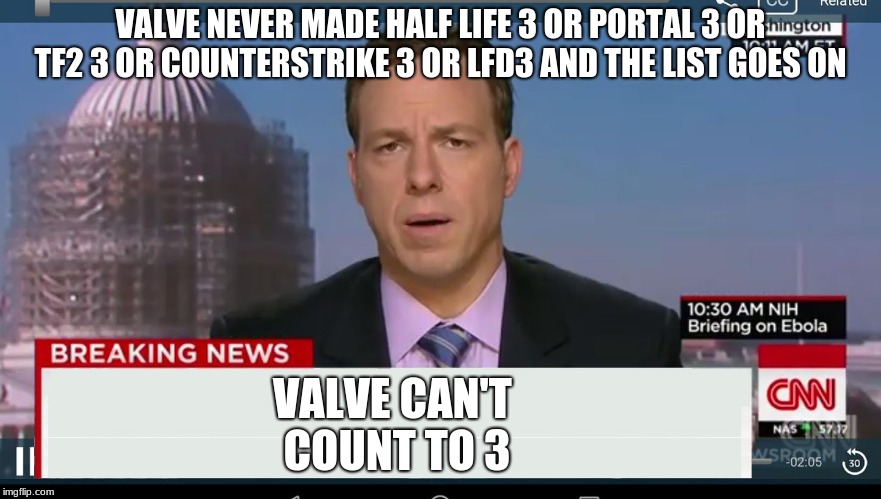 cnn breaking news template | VALVE NEVER MADE HALF LIFE 3 OR PORTAL 3 OR TF2 3 OR COUNTERSTRIKE 3 OR LFD3 AND THE LIST GOES ON VALVE CAN'T COUNT TO 3 | image tagged in cnn breaking news template | made w/ Imgflip meme maker