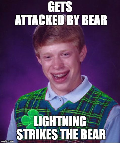 good luck brian | GETS ATTACKED BY BEAR; LIGHTNING STRIKES THE BEAR | image tagged in good luck brian | made w/ Imgflip meme maker