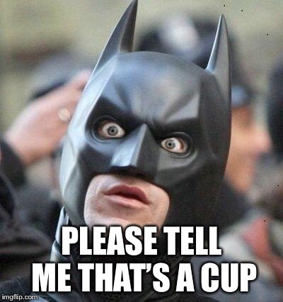Shocked Batman | PLEASE TELL ME THAT’S A CUP | image tagged in shocked batman | made w/ Imgflip meme maker