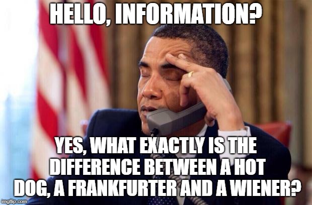 Obama Phone | HELLO, INFORMATION? YES, WHAT EXACTLY IS THE DIFFERENCE BETWEEN A HOT DOG, A FRANKFURTER AND A WIENER? | image tagged in obama phone,memes,funny,latest | made w/ Imgflip meme maker