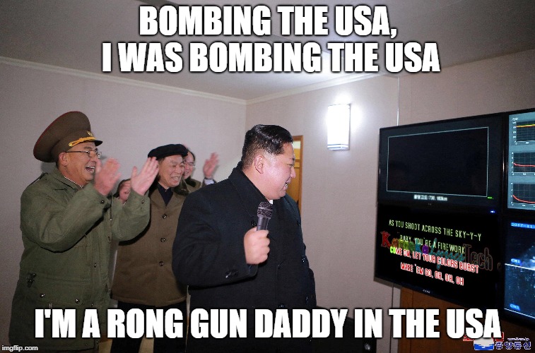 Wrong lyrics karaoke Kim | BOMBING THE USA, I WAS BOMBING THE USA; I'M A RONG GUN DADDY IN THE USA | image tagged in bruce springsteen,karaoke,kim jong un | made w/ Imgflip meme maker