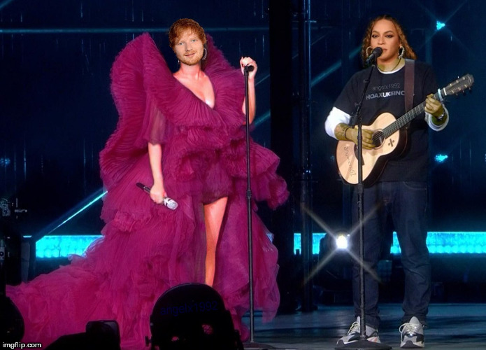 EdYonce 
A debate on the clothes Es Sheeran wore to a Global Citizen Festival honoring Nelson Mandela | image tagged in beyonce,ed sheeran,nelson mandela,clothes,concert,debate | made w/ Imgflip meme maker
