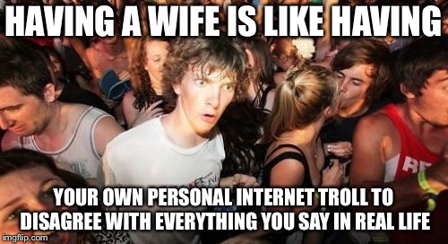 Sudden Clarity Clarence | HAVING A WIFE IS LIKE HAVING; YOUR OWN PERSONAL INTERNET TROLL TO DISAGREE WITH EVERYTHING YOU SAY IN REAL LIFE | image tagged in memes,sudden clarity clarence | made w/ Imgflip meme maker