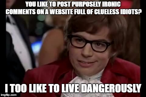 I Too Like To Live Dangerously | YOU LIKE TO POST PURPOSELY IRONIC COMMENTS ON A WEBSITE FULL OF CLUELESS IDIOTS? I TOO LIKE TO LIVE DANGEROUSLY | image tagged in memes,i too like to live dangerously | made w/ Imgflip meme maker