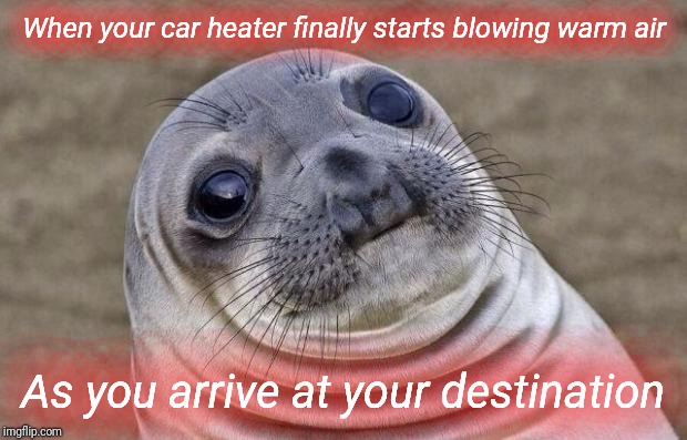 Darn, that heater! | When your car heater finally starts blowing warm air; As you arrive at your destination | image tagged in memes,awkward moment sealion,justjeff,blizzard,cold,cold weather | made w/ Imgflip meme maker