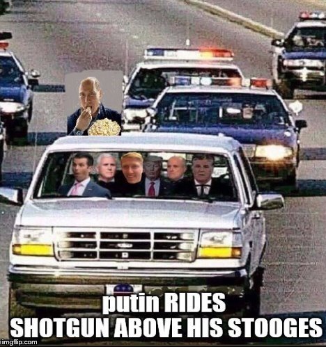 Popcorn putin rides shotgun above his Stooges! | image tagged in putin popcorn,trump traitor,traitors,mike pence vp,hannity,rudy giuliani | made w/ Imgflip meme maker