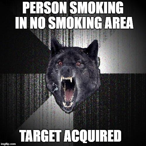Insanity Wolf | PERSON SMOKING IN NO SMOKING AREA; TARGET ACQUIRED | image tagged in memes,insanity wolf | made w/ Imgflip meme maker