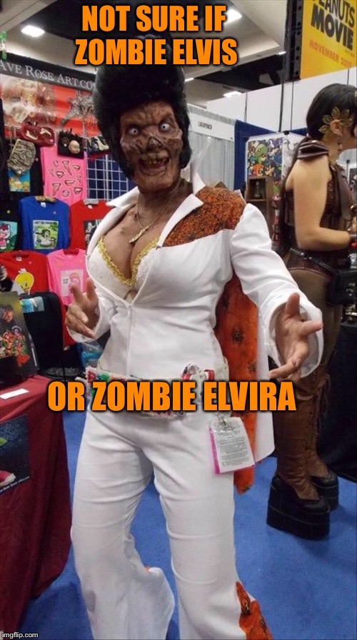 Thank you!  Thank you very much! | NOT SURE IF ZOMBIE ELVIS; OR ZOMBIE ELVIRA | image tagged in elvis,elvira,zombies,memes,funny | made w/ Imgflip meme maker