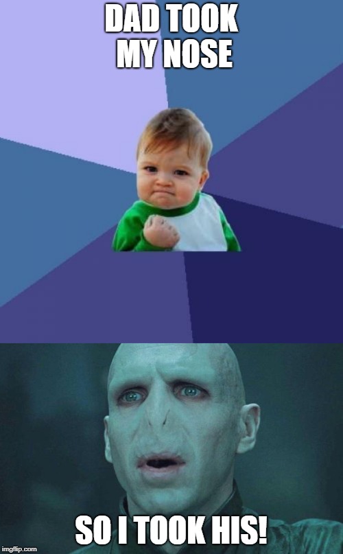 Finally the mystery is solved... | DAD TOOK MY NOSE; SO I TOOK HIS! | image tagged in memes,success kid,voldemort,harry potter | made w/ Imgflip meme maker