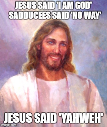 Jesus Said | JESUS SAID 'I AM GOD' 
SADDUCEES SAID 'NO WAY'; JESUS SAID 'YAHWEH' | image tagged in memes,smiling jesus | made w/ Imgflip meme maker