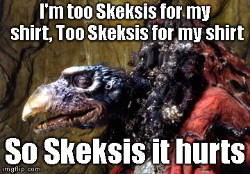 So damn Skeksis | I'm too Skeksis for my shirt,
Too Skeksis for my shirt; So Skeksis it hurts | image tagged in dark crystal,skeksis | made w/ Imgflip meme maker