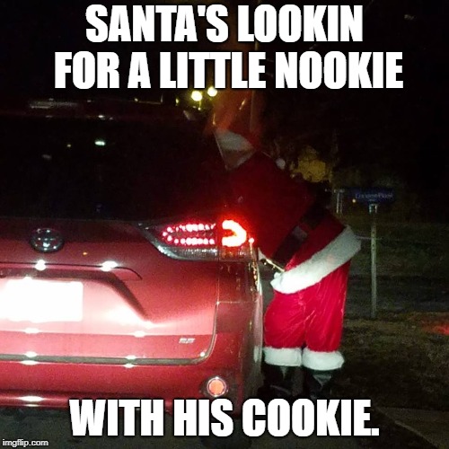 On Santa's lap | SANTA'S LOOKIN FOR A LITTLE NOOKIE; WITH HIS COOKIE. | image tagged in santa,santa claus,bad santa,jersey santa,xmas | made w/ Imgflip meme maker