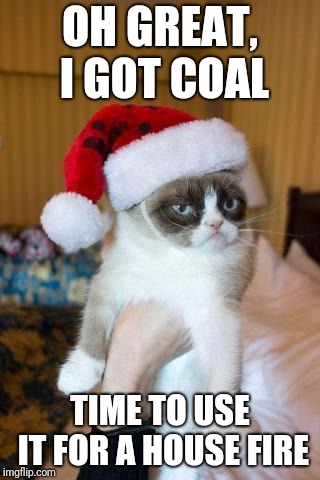 Grumpy Cat Christmas | OH GREAT, I GOT COAL; TIME TO USE IT FOR A HOUSE FIRE | image tagged in memes,grumpy cat christmas,grumpy cat,christmas | made w/ Imgflip meme maker
