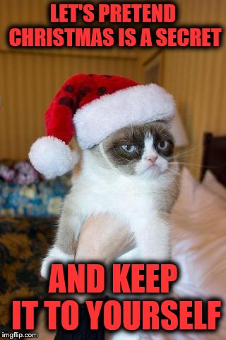 Shhh… | LET'S PRETEND CHRISTMAS IS A SECRET; AND KEEP IT TO YOURSELF | image tagged in memes,grumpy cat christmas,grumpy cat,santa hat | made w/ Imgflip meme maker