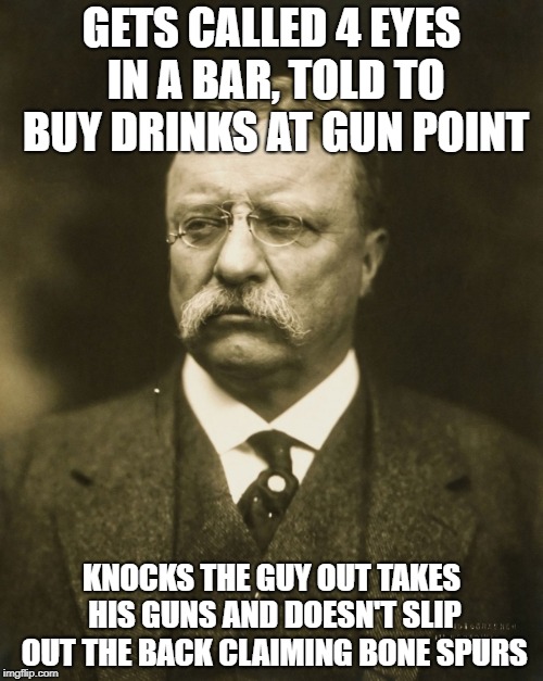 teddy roosevelt | GETS CALLED 4 EYES IN A BAR, TOLD TO BUY DRINKS AT GUN POINT; KNOCKS THE GUY OUT TAKES HIS GUNS AND DOESN'T SLIP OUT THE BACK CLAIMING BONE SPURS | image tagged in teddy roosevelt,AdviceAnimals | made w/ Imgflip meme maker