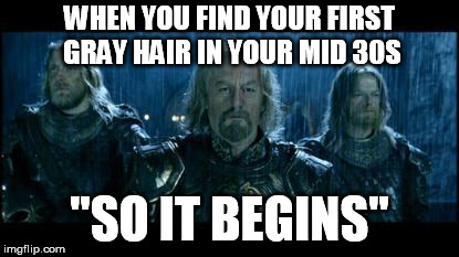 so it begins | WHEN YOU FIND YOUR FIRST GRAY HAIR IN YOUR MID 30S; "SO IT BEGINS" | image tagged in so it begins | made w/ Imgflip meme maker