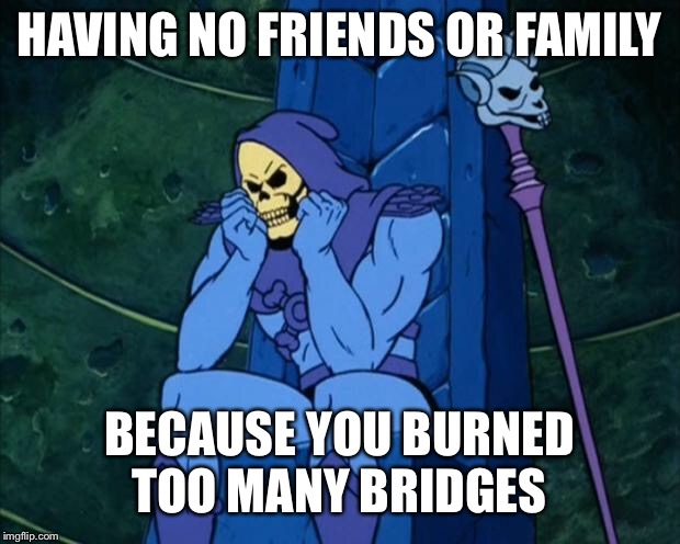 Sad Skeletor | HAVING NO FRIENDS OR FAMILY; BECAUSE YOU BURNED TOO MANY BRIDGES | image tagged in sad skeletor | made w/ Imgflip meme maker