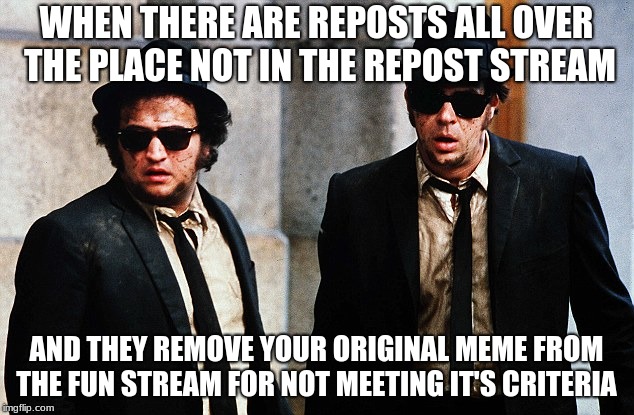 If you're gonna start actually policing the posts on the site that's fine. Just make sure you police all the posts... | WHEN THERE ARE REPOSTS ALL OVER THE PLACE NOT IN THE REPOST STREAM; AND THEY REMOVE YOUR ORIGINAL MEME FROM THE FUN STREAM FOR NOT MEETING IT'S CRITERIA | image tagged in blues brothers wtf,imgflip mods,police academy | made w/ Imgflip meme maker